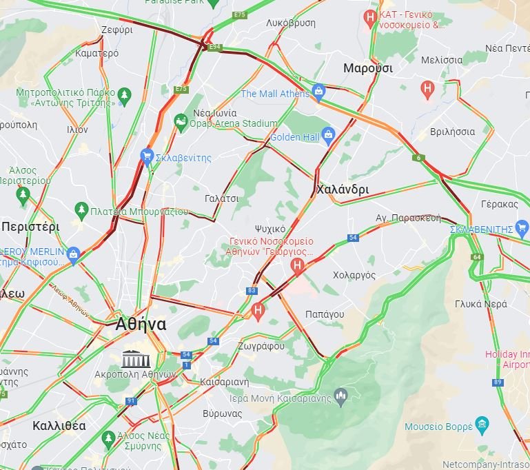 H κίνηση στους δρόμους της Αττικής στις 8:50 το πρωί της Τετάρτης / google maps