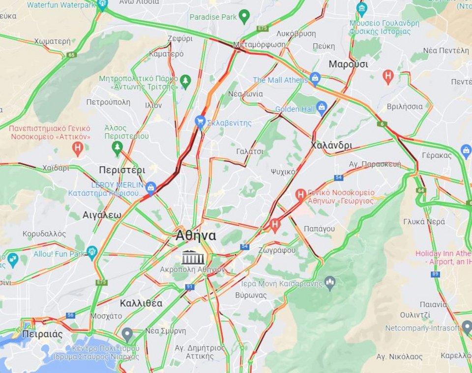Κίνηση στους δρόμους της Αττικής στις 8:50 το πρωί της Τρίτης (24/12) / google maps