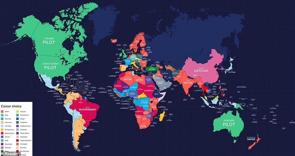 Παγκόσμιος χάρτης με τα δημοφιλή επαγγέλματα 