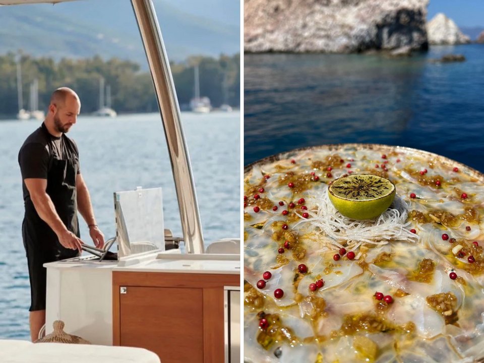 Ο σεφ Τριαντάφυλλος Πνευματικός μαγειρεύει πάνω στο γιοτ των VIP ιαπωνικά πιάτα με ψάρια και θαλασσινά, στην open air κουζίνα στο κατάστρωμα με φόντο το πέλαγος / Φωτογραφία: superyacht.chef / Instagram