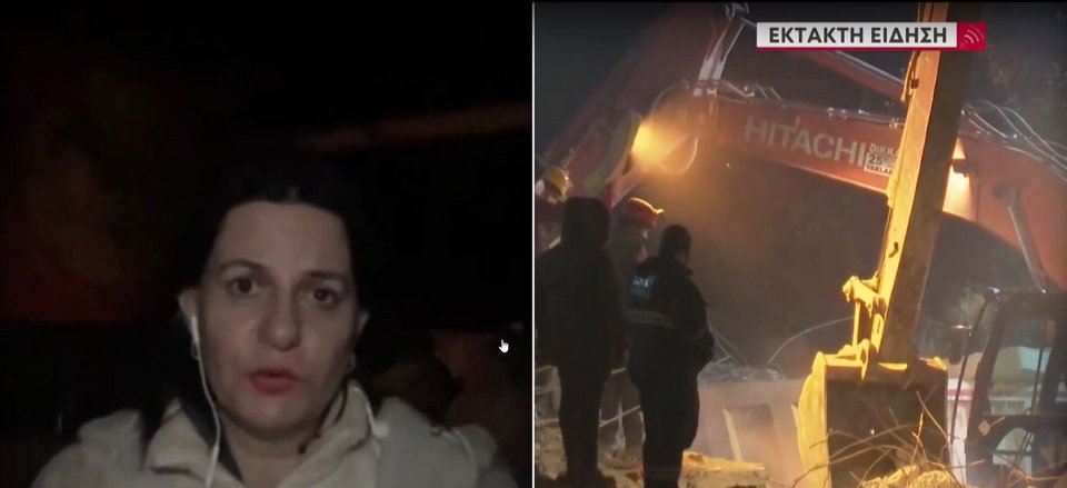 Η απεσταλμένη του ΑΝΤ1 στην Αντιόχεια και δεξιά το κτίριο όπου φέρεται να είναι εγκλωβισμένος ο Έλληνας