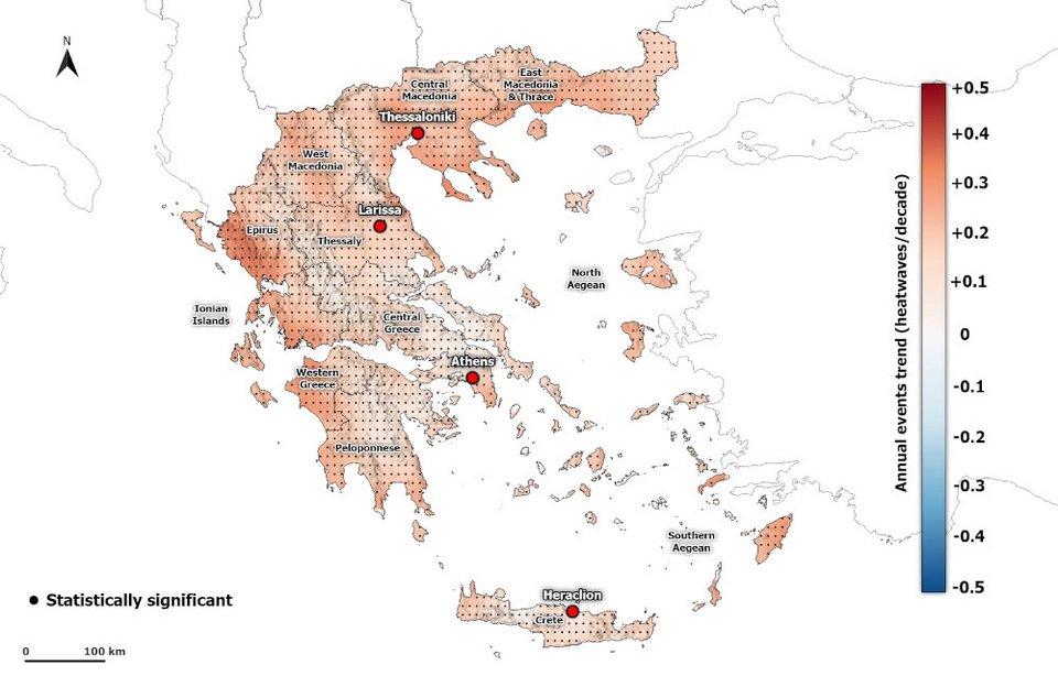 Η τάση μεταβολής του μέσου ετήσιου αριθμού επεισοδίων καύσωνα ανά δεκαετία για την περίοδο 1950–2020/ Meteo.gr.