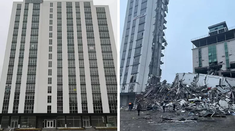 Στη δεξιά φωτογραφία ό,τι απέμεινε από πολυκατοικία που κατέρρευσε στη Μαλάτεια. Η ανέγερσή της είχε ολοκληρωθεί πέρυσι.