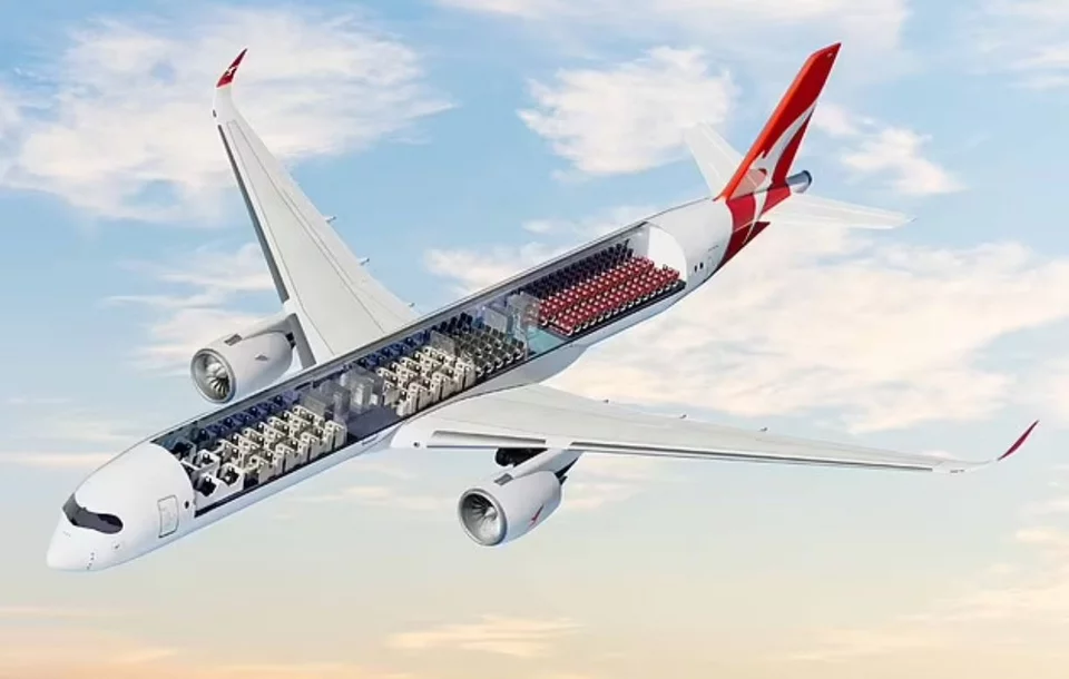 Μια εικόνα του A350-1000 που θα πετάει για περίπου 20 ώρες χωρίς στάση μεταξύ Σίδνεϊ, Νέας Υόρκης και Λονδίνου