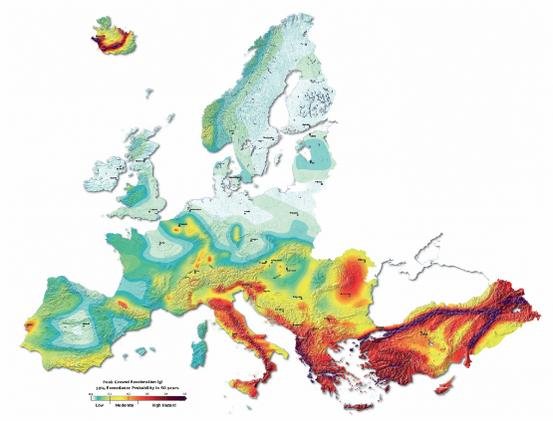 Χάρτης σεισμικής επικινδυνότητας της Ευρώπης-Ανατολικής Τουρκίας, του programmatow SHARE. Οι σκουρόχρωμες ζώνες είναι η πλέον επικίνδυνες (Αππένινα-Ιταλία), Αλβανία-Δυτική Ελλάδα-Κορινθιακός και Βόρεια Τουρκία κατά μηκος του ρήγματος Βόρειας Ανατολία και Ανατολικής Ανατολίας