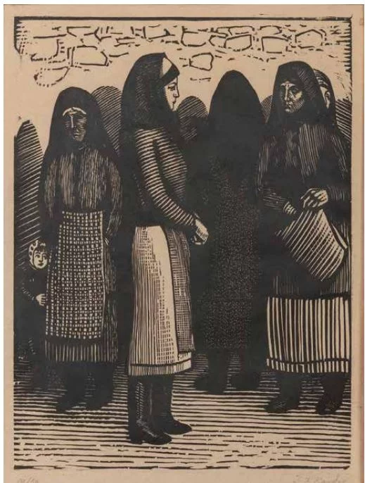 Τηλέμαχος Κάνθος, Γυναίκες  στην Αυλή της Εκκλησίας. Ξυλογραφία σε ριζόχαρτο (10/50)