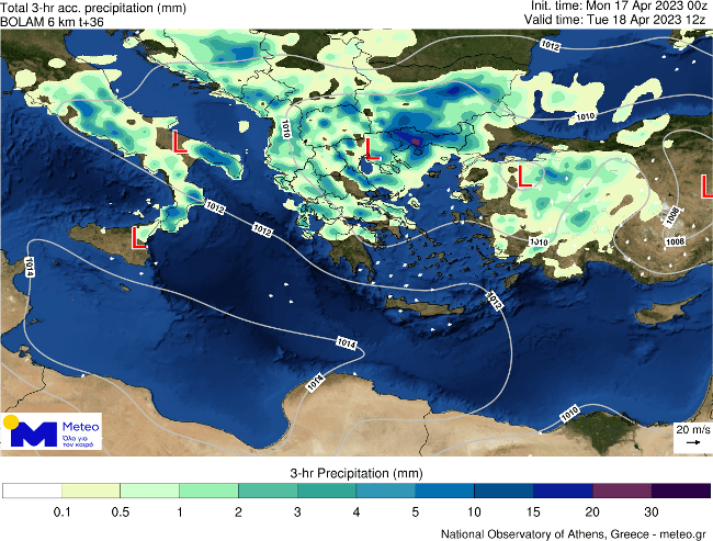 Προγνωστικός χάρτης του meteo που αποτυπώνει τη γεωγραφική κατανομή των φαινομένων κατά τα διαστήματα 12:00-15:00
