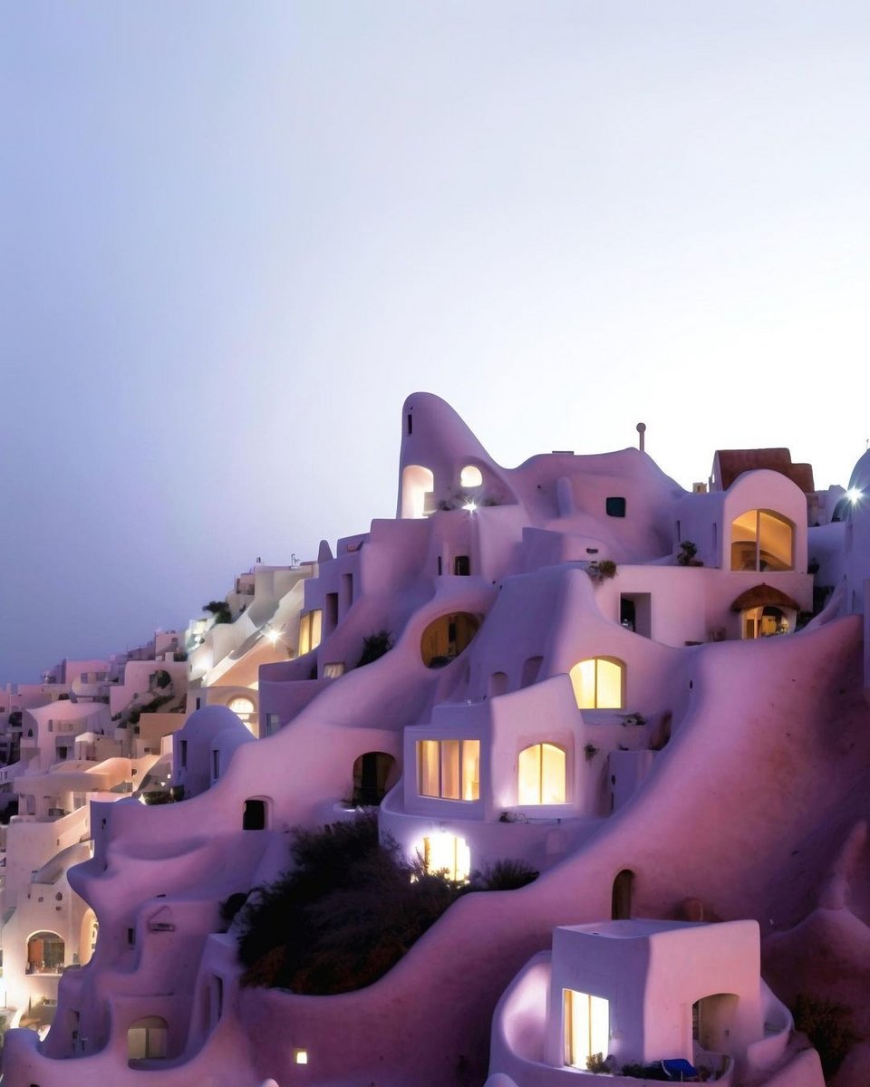 Τα υπόσκαφα και τα resorts της Οίας αποκτούν, μέσω τεχνητής νοημοσύνης, καμπύλες σαν κτίρια-γλυπτά του Γκαουντί / Φωτογραφία Ai: spathumpa/Instagram