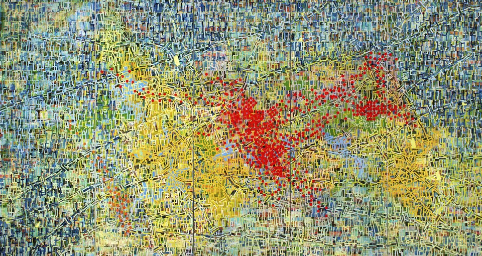 Elpidos, 2023Acrylic and paper collage on canvas96 x 180 inches (243.8 x 457.2 cm)© Rick Lowe StudioPhoto: Thomas DubrockCourtesy the artist and Gagosian