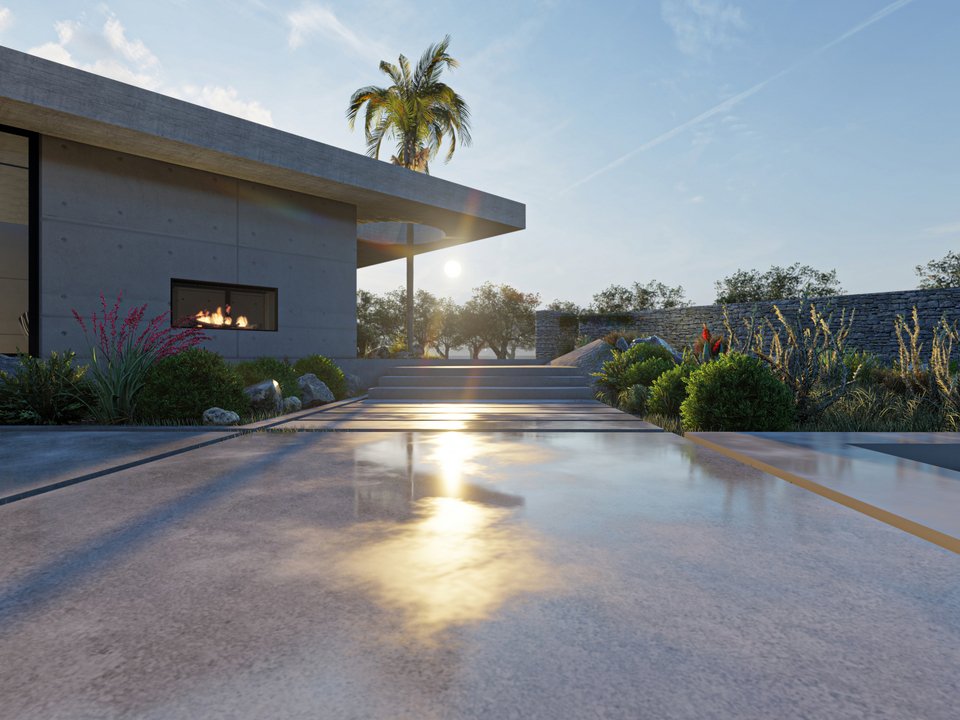 Το τζάκι διπλής όψης κάνει τη φωτιά ορατή και στο σαλόνι και στους εξωτερικούς χώρους της κατοικίας.