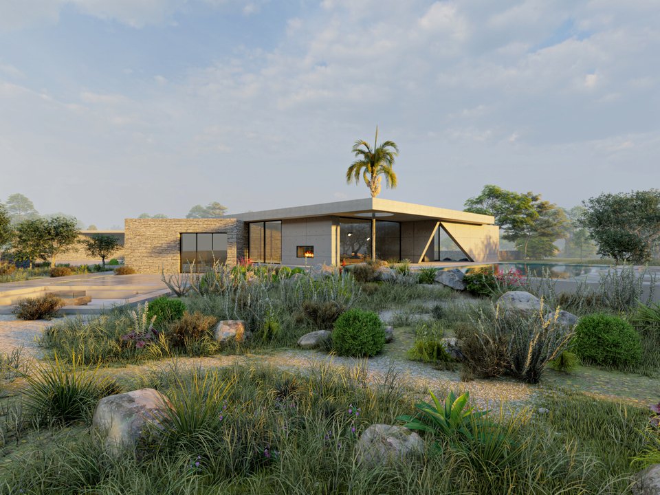 Η κατοικία Pavilion Residence των The Hive Αrchitects όταν ολοκληρωθεί θα περιβάλλεται από ελαιόδεντρα, θάμνους και φυτά χαμηλής βλάστησης.