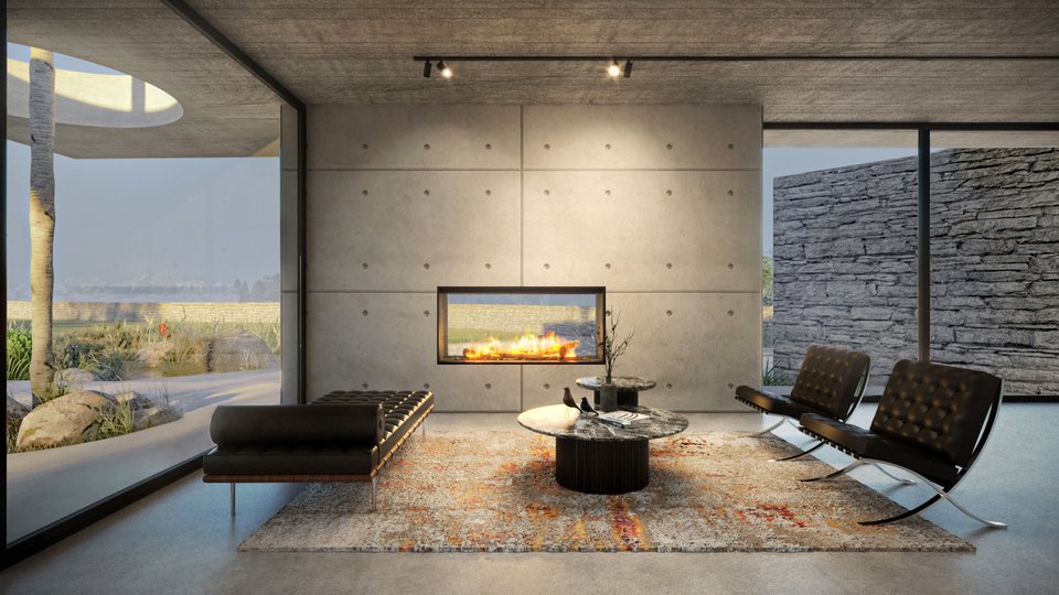 Μεγάλα κρυστάλλινα ανοίγματα αντικαθιστούν ολόκληρους τοίχους χαρίζοντας άπλετο φως στο σαλόνι.