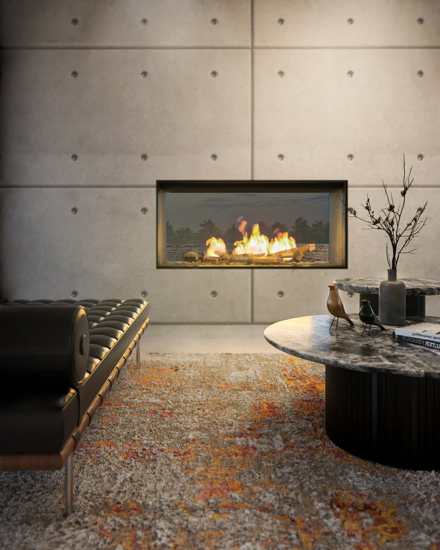 Το τζάκι του σαλονιού είναι διπλής όψης και λειτουργεί σαν παράθυρο με θέα στον κήπο.