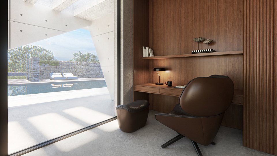 Ένα μικρό και λειτουργικό γραφείο επενδυμένο με ξύλο.