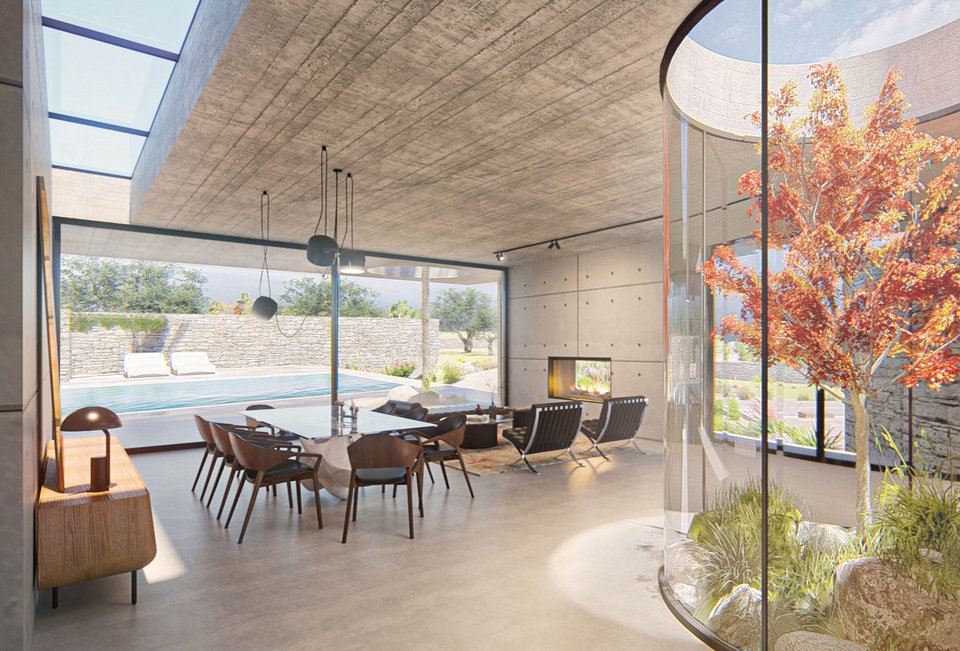 Γυάλινα ανοίγματα στην οροφή καθώς και κυλινδρικές κατασκευέ,ς επιτρέπουν εκτός από το φως και στη φύση να εισβάλλει στο εσωτερικό του σπιτιού.