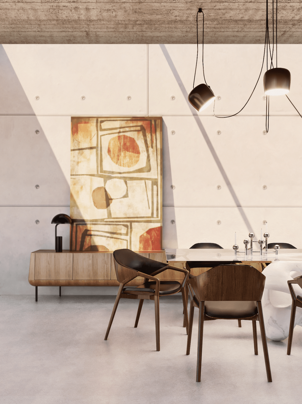 Άποψη από τον σχεδιασμό της τραπεζαρίας με μοντέρνες ρετρό γραμμές από τον Μοντερνισμό των αρχών του 20ού αιώνα.