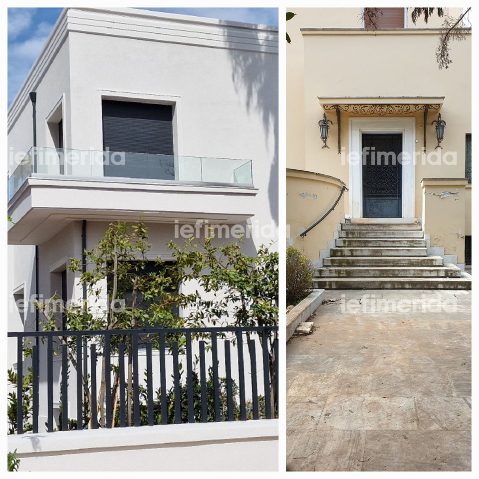 Στα αριστερά η σημερινή όψη της πρώην αρχιεπισκοπικής κατοικίας και δεξιά εμφανή τα σημάδια εγκατάλειψης από το πέρασμα του χρόνου