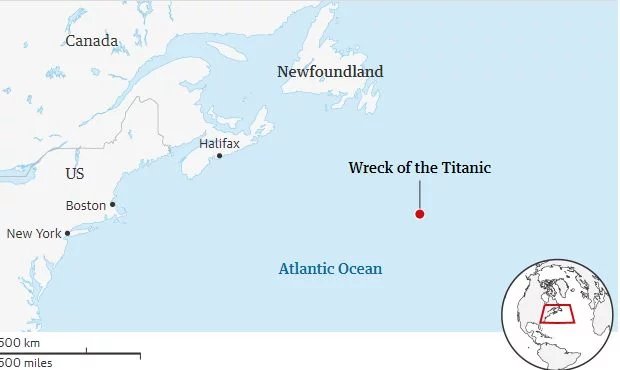 Το σημείο, όπου βρίσκεται το ναυάγιο του Τιτανικού, όπου κατευθυνόταν το υποβρύχιο όταν χάθηκε