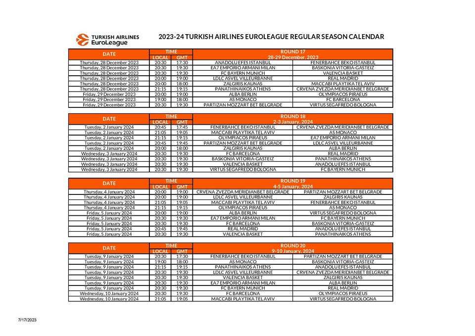 Το πρόγραμμα της Euroleague 2023-2024
