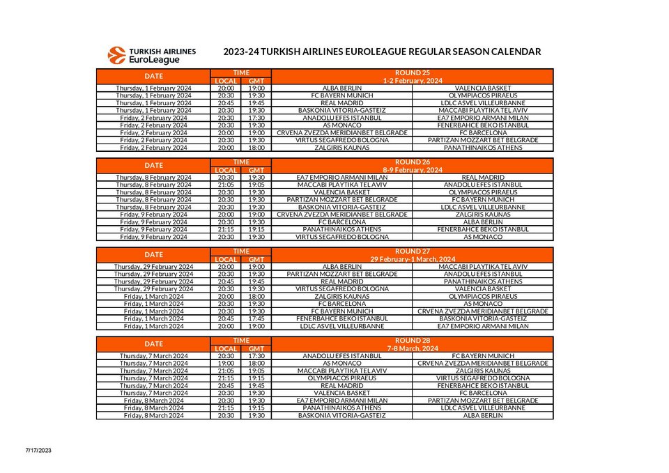 Το πρόγραμμα της Euroleague 2023-2024