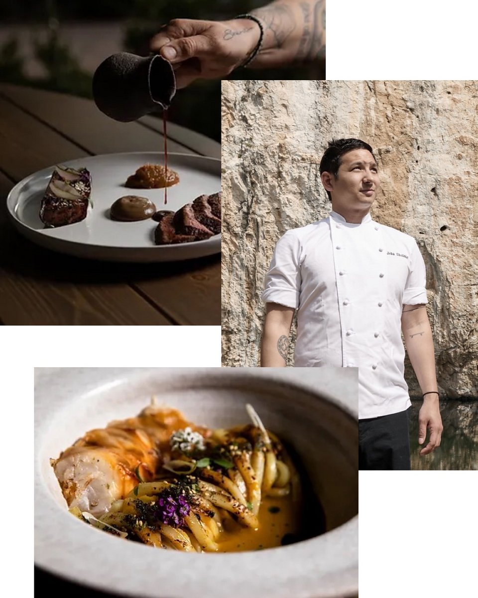 O John Σκοτίδας και δύο από τα signature πιάτα του Abra Ovata: Πάνω το αρνί με μελιτζάνα, κάτω ο αστακός κακαβιά. 