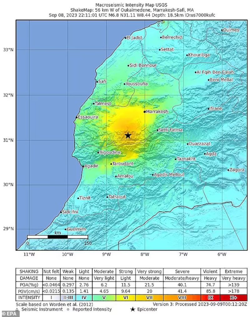 Χάρτης του Μαρόκου με το επίκεντρο του σεισμού σύμφωνα με το USGS