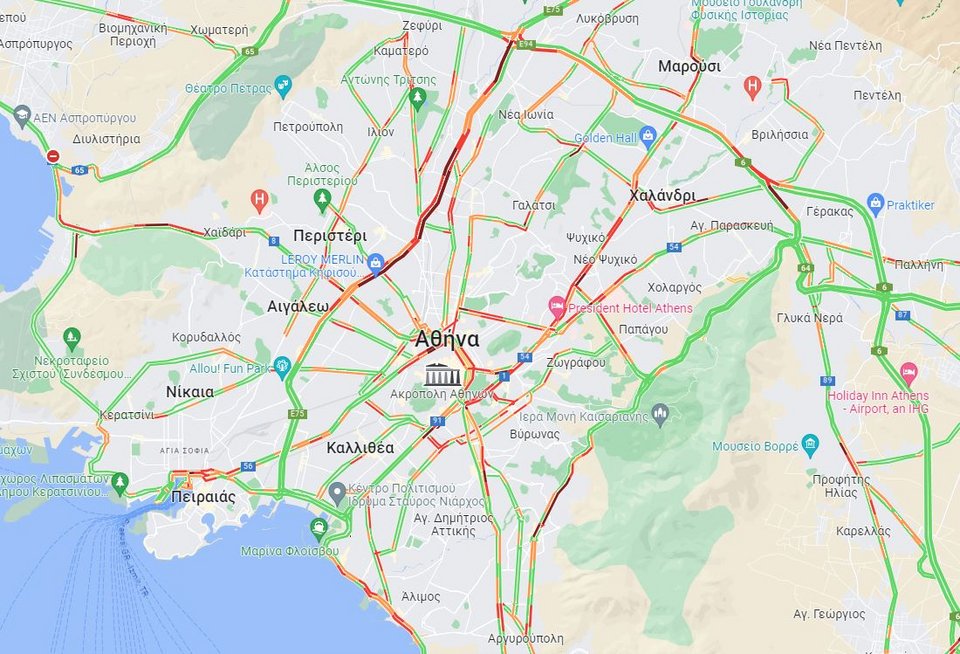 Κίνηση στους δρόμους της Αττικής στις 9:30 / google maps