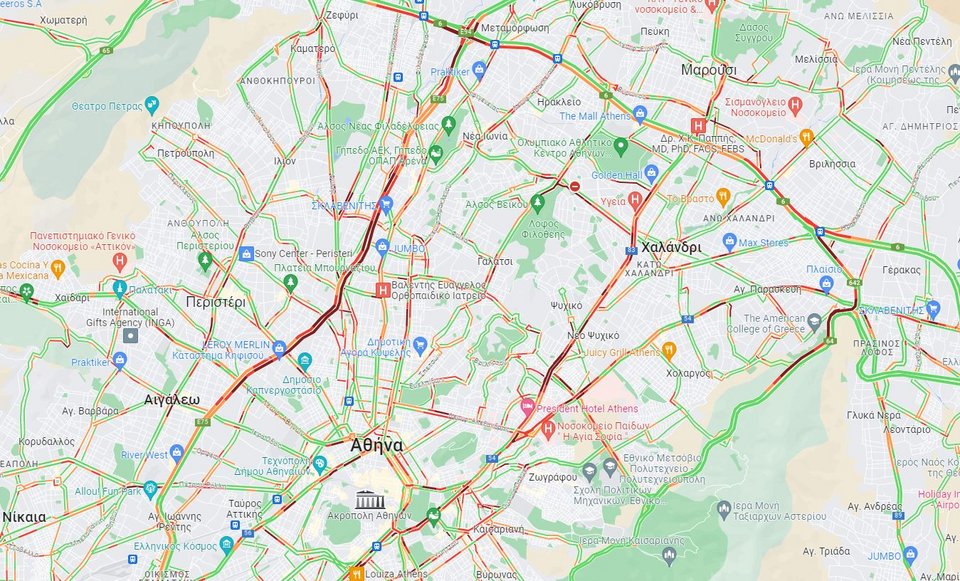 Αυξημένη είναι η κίνηση στους δρόμους της Αττικής το πρωί της Παρασκευής (29/9) / google maps