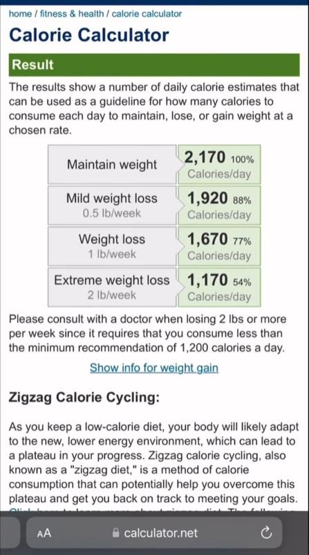 Εάν ήθελε να χάσει περίπου μισό κιλό την εβδομάδα, έπρεπε να καταναλώσει 1.670 θερμίδες, σύμφωνα με την εφαρμογή