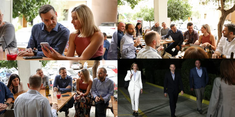 Ο Χάρης Δούκας με το επιτελείο του -Δεξιά κάτω ο κ. Δούκας προσέρχεται στο debate συνοδευόμενος από την επικεφαλής του Γρσφείου Τύπου του, Ανδριάνα Μαγγανιά