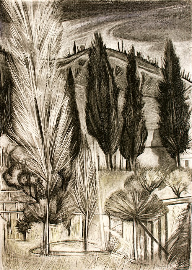 Τοπίο στο Άγιον Όρος, 1999, κάρβουνο και παστέλ σε χαρτί, 66x47,5 εκ.