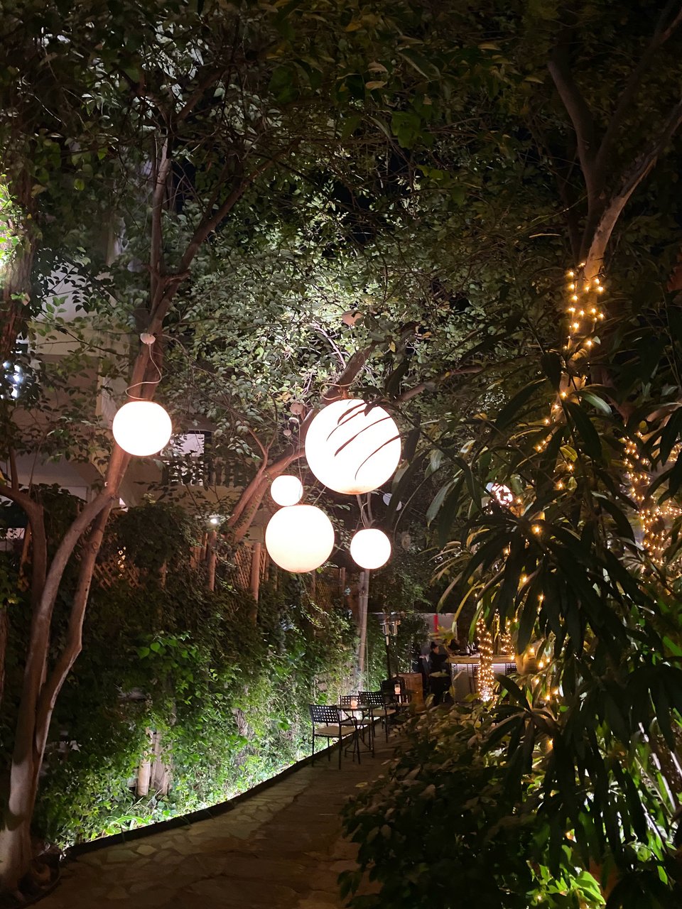 Ο διάδρομος με τις φωτεινές σφαίρες στον κήπο. 