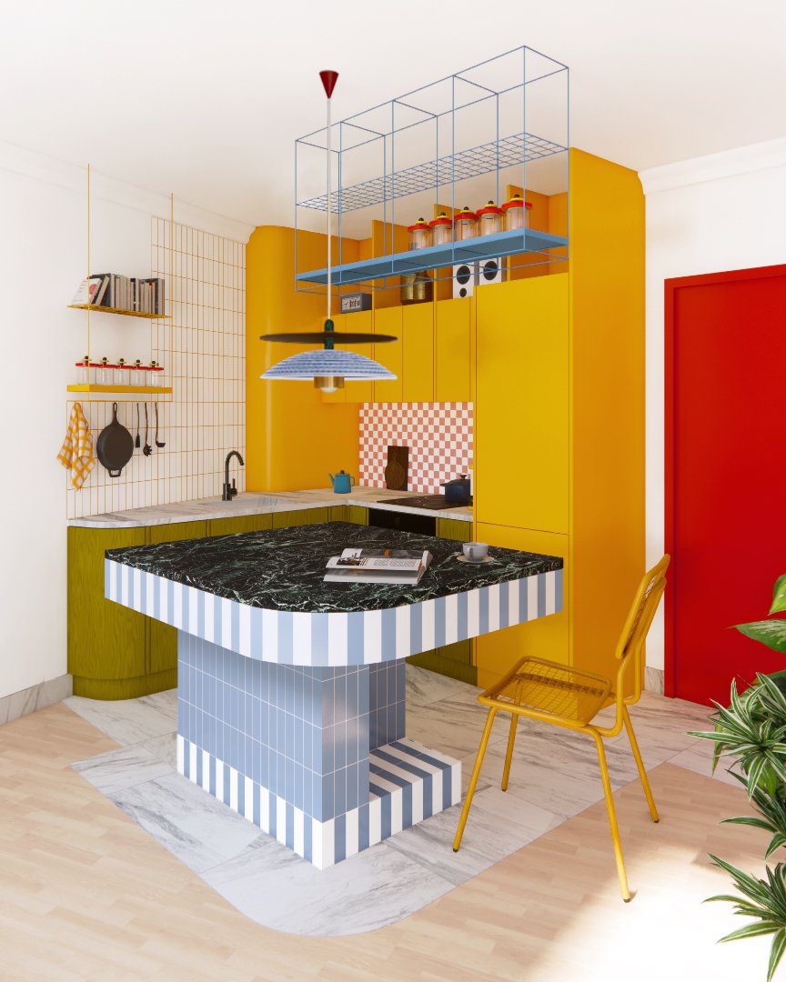 Ένα εντυπωσιακό colour blocking που συνδυάζει βασικά ετερόκλητα χρώματα με έντονες αντιθέσεις, κερδίζει τις εντυπώσεις στην κουζίνα.