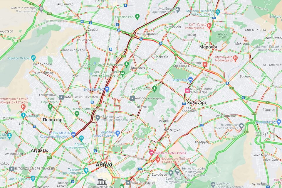 Κίνηση στους δρόμους της Αττικής στις 8:30 / google maps