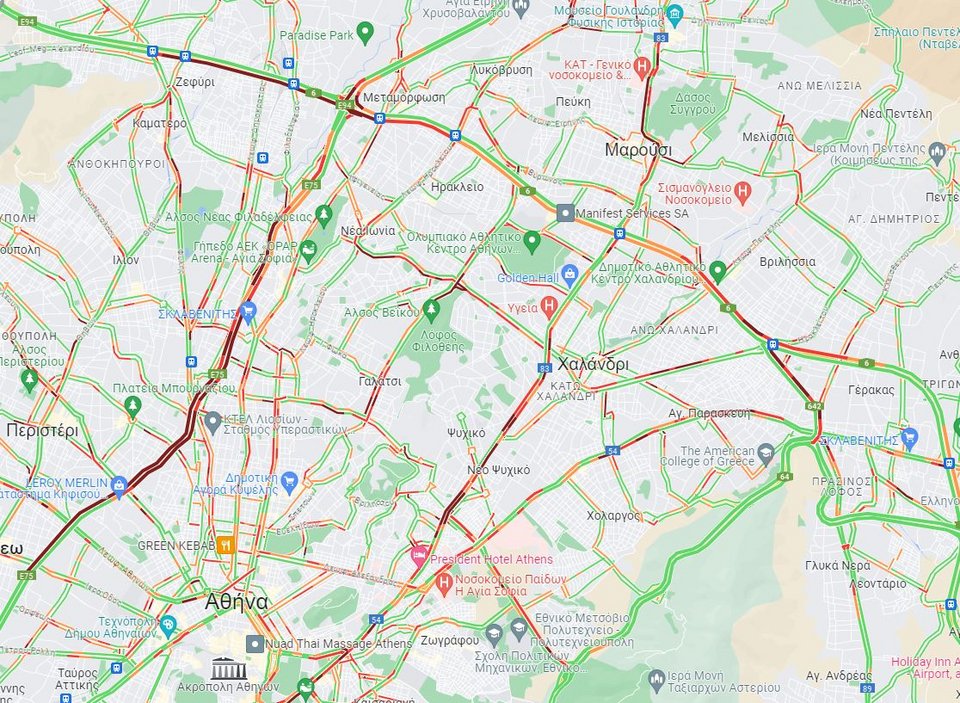 Η κίνηση στους δρόμους της Αττικής στις 8:45 / google maps