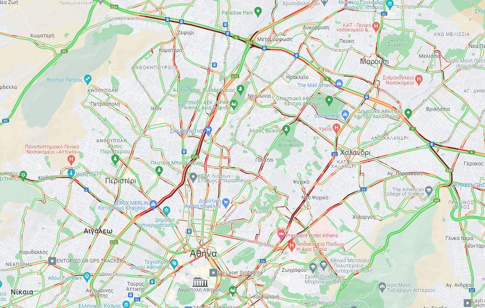 Κίνηση στους δρόμους της Αττικής στις 8:50 / google maps