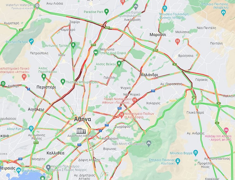 Η κίνηση στους δρόμους της Αττικής στις 8:45 το πρωί της Δευτέρας (6/11)