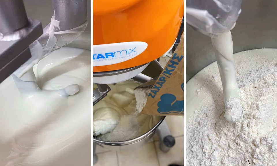 Για τη ζύμη του κουραμπιέ, το πρόβειο αγνό βούτυρο χτυπιέται καλά με τη ζάχαρη άχνη και μετά μπαίνει το αλεύρι / Φωτογραφία: Μάνος Λειβαδάρος/iefimerida