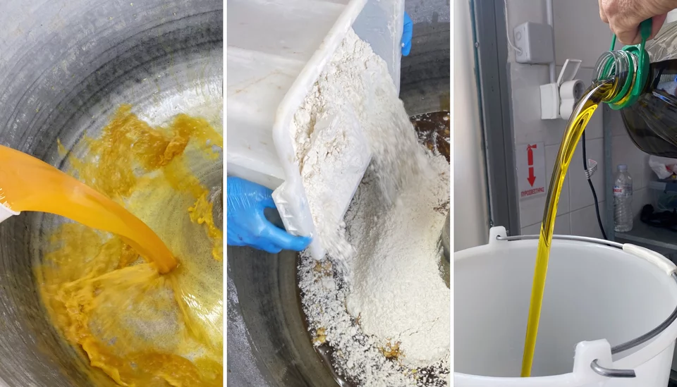 Τρία πρώτα στάδια για τη ζύμη: Χυμός πορτοκαλιού/κονιάκ, αλεύρι και ελαιόλαδο μπαίνουν το ένα μετά το άλλο στο μίξερ / Φωτογραφία: Μάνος Λειβαδάρος/iefimerida