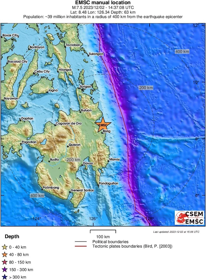 Το επίκεντρο σου σεισμού 7,5 Ρίχτερ στις Φιλιππίνες / EMSC