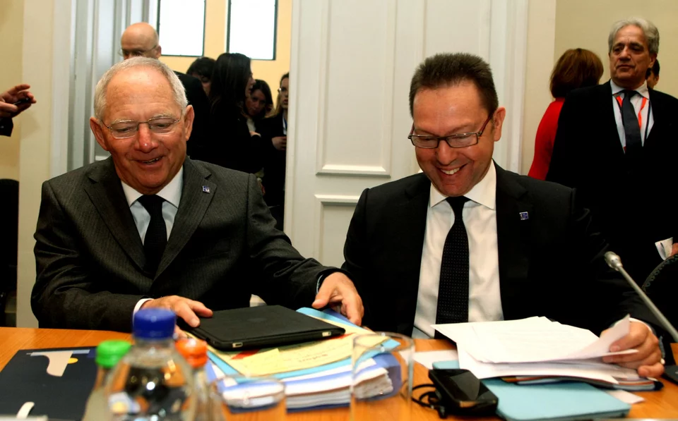  Στιγμιότυπο από άτυπη σύνοδο των Υπουργών Οικονομικών της Ε.Ε,,στην φωτογραφία ο τότε Υπουργός Οικονομικών Γιάννης Στουρνάρας με τον Γερμανό ομόλογό του Βόλφκανγκ Σόιμπλε / Φωτογραφία Eurokinissi. Τατατιάνα Μπόλαρη