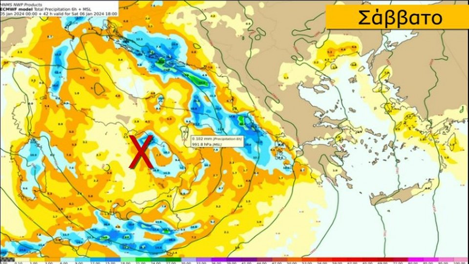(α) η θέση του χαμηλού αργά το απόγευμα του Σαββάτου