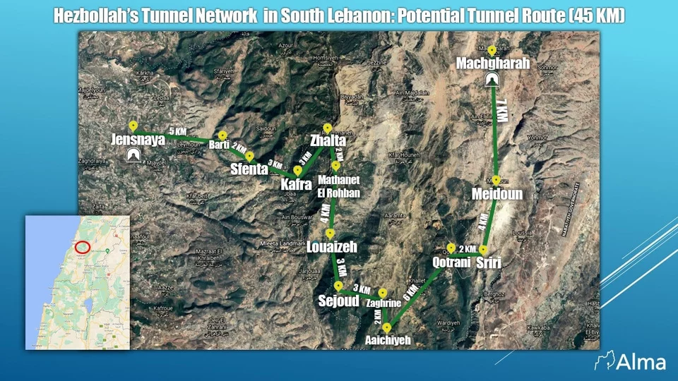 Η πιθανή διαδρομή μήκους 45 χλμ. ενός υπόγειου τούνελ της Χεζμπολάχ στο νότιο Λίβανο