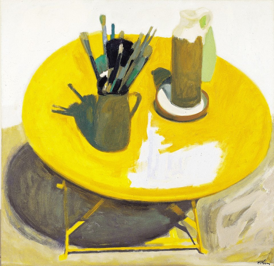 Παναγιώτης Τέτσης, Τα τραπέζια, 1987, Λάδι σε μουσαμά, 132 x 134 εκ. Συλλογή Έργων Τέχνης Alpha Bank ΑΑ 1133