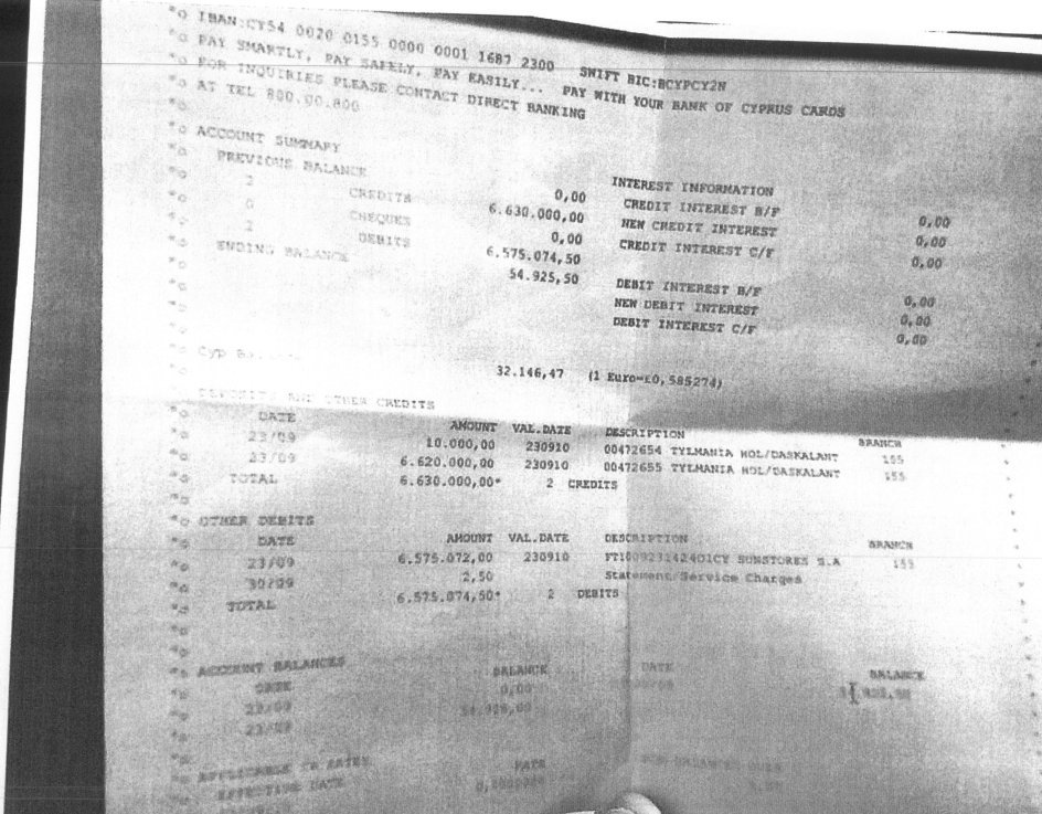 Καταβολή ποσού από τραπεζικό λογαριασμό συμφερόντων του Νίκου Δασκαλαντωνάκη προς χρηματοδότηση άδηλων πόρων εταιρείας συμφερόντων του στην κυπριακή εταιρεία TYLMANIA.
