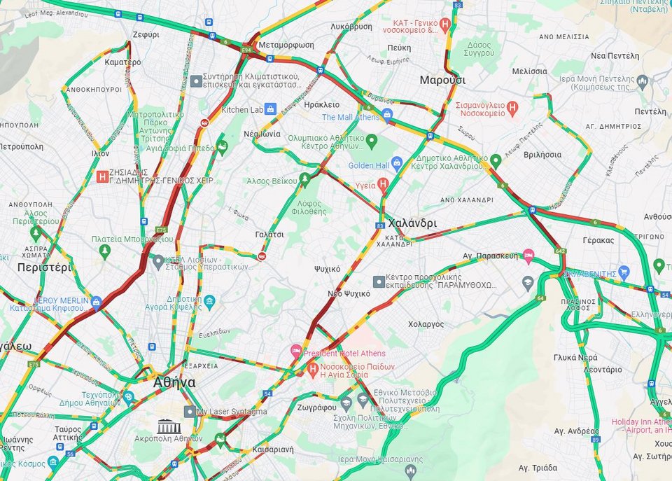 Η κίνηση στους δρόμους της Αττικής στις 8:55 το πρωί της Δευτέρας