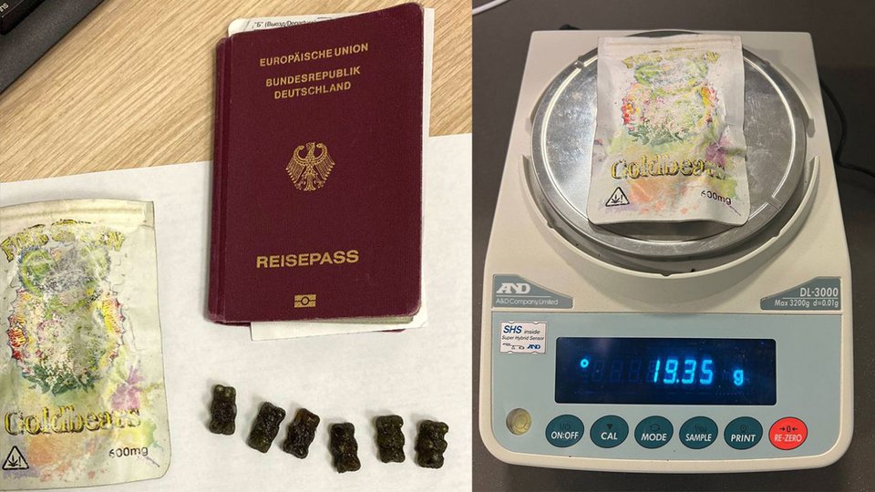 Η τελωνειακή υπηρεσία δημοσιοποίησε μια φωτογραφία στην οποία εικονίζονται ένα γερμανικό διαβατήριο, έξι καραμέλες ζελέ και ένα πακέτο «Fink Green Goldpears»