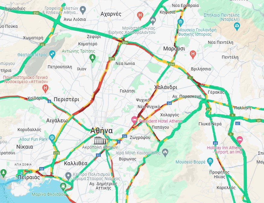 Με κόκκινο χρώμα οι δρόμοι όπου υπάρχει κυκλοφοριακή συμφόρηση