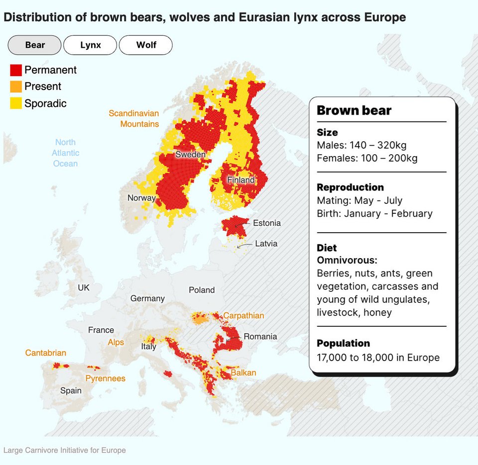 Ο χάρτης της καφέ αρκούδας στην Ευρώπη