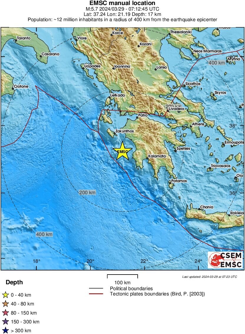 To επίκενντρο του σεισμού των 5,7 Ρίχτερ στο ιόνιο ανοιχτά της Μεσσηνίας